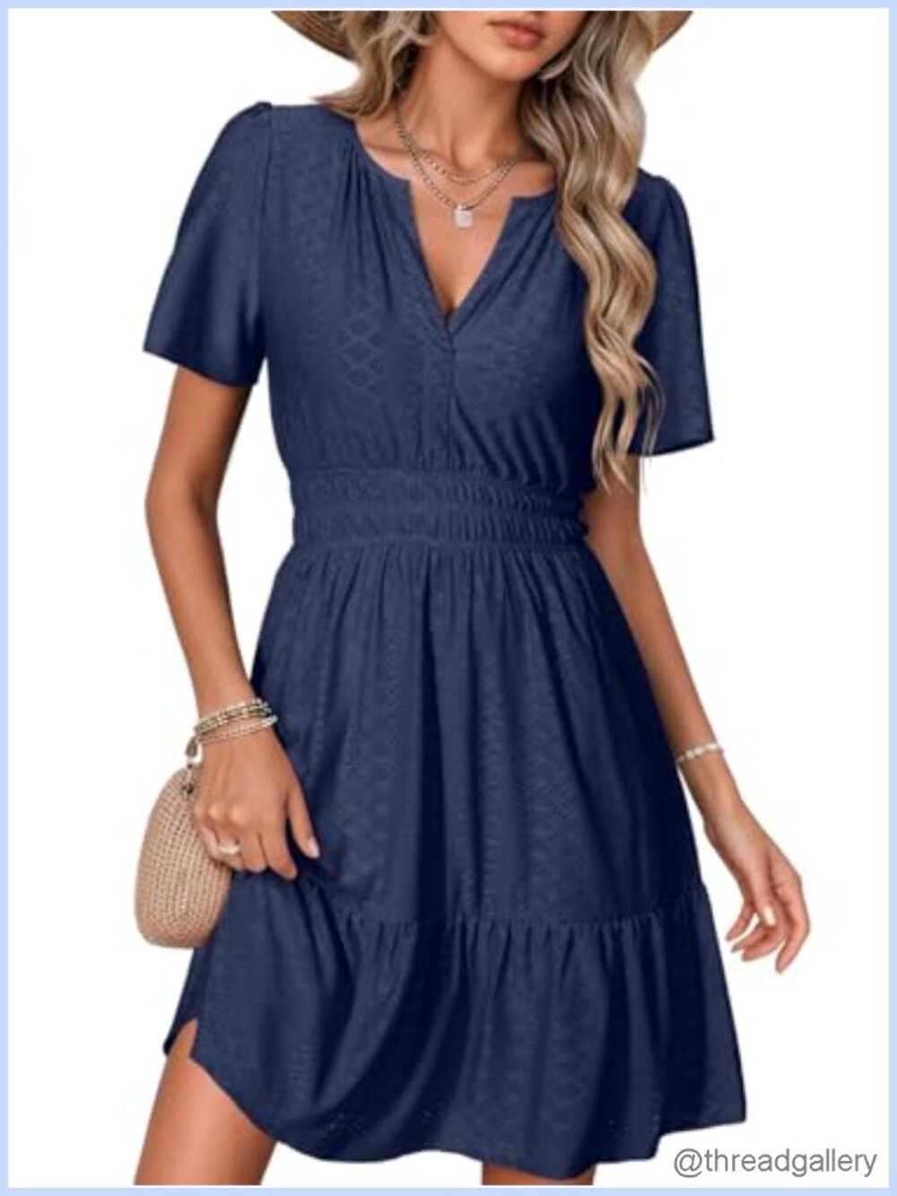 Womens Eyelet Mini Dress Short Sleeve A Line Sun Dress with Pockets
